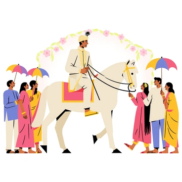 A Bengali wedding scene featuring a groom arriving on a white horse. The groom is dressed in a traditional cream-colored sherwani adorned with intricate golden embroidery. He wears a matching turban decorated with a peacock feather. The horse is elegantly decorated with colorful fabrics and flowers. Surrounding the groom are wedding guests dressed in vibrant sarees and dhotis, some holding decorative umbrellas. In the background, there are traditional wedding decorations, including floral garlands and a decorative arch. Excitement and joy fill the air as the guests smile and cheer.