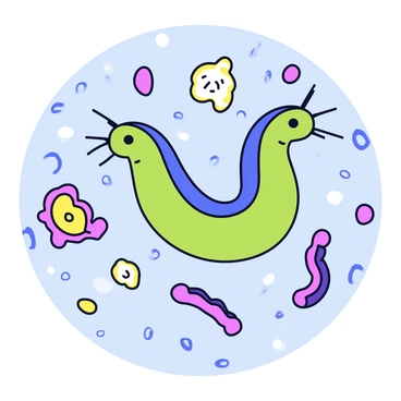 A close-up view of a colorful nematode in motion. The nematode features a smooth, elongated body with vibrant hues of green and blue. Surrounding the nematode are various shapes of bacteria, depicted as small, round, and rod-like organisms in shades of pink, purple, and yellow. The background is a blurred, detailed representation of the microscopic world, emphasizing the intricate textures and patterns of this tiny ecosystem.