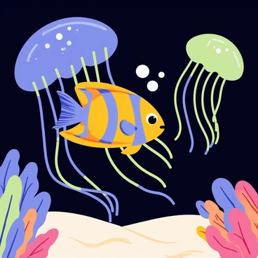 An angelfish with bright orange and blue stripes gliding through the water. The angelfish is surrounded by large, glowing jellyfish that illuminate the dark ocean depths with shades of blue and green. The jellyfish have long, flowing tentacles that trail gracefully as they move. Bubbles rise from the angelfish, adding a sense of movement to the scene. The ocean floor is covered with soft sand and scattered colorful coral formations, enhancing the sense of an underwater world.