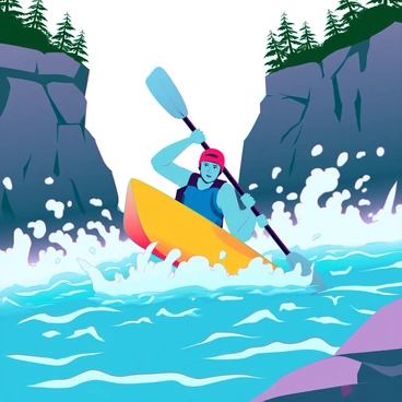 A kayaker with a bright yellow kayak is navigating the rapids of a wild river. The kayaker is wearing a blue life jacket and a red helmet, focused intensely on balancing in the turbulent waters. Water splashes dramatically around the kayak, creating white frothy waves that rise high. The surrounding landscape features steep rocky banks covered in green trees, and the water is rushing swiftly, reflecting the sunlight in sparkling patterns. The scene captures the thrill and adventure of the kayaker's journey through the rugged terrain.