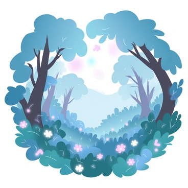 A dense forest with tall trees and lush greenery. Delicate flowers in various colors are scattered throughout the scene, emitting a soft glow. The light from the dusk sky casts a gentle gradient of pastel colors across the landscape. Shadows from the trees create intricate patterns on the forest floor, while small patches of light illuminate the underbrush, enhancing the otherworldly atmosphere. The overall composition captures the enchanting essence of the woodland as night begins to fall.