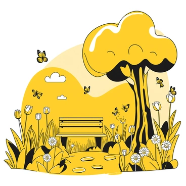 A spring garden in Quebec filled with various flowers in full bloom. The garden features large clusters of tulips and daisies with vibrant petals, while butterflies flit gracefully among the blossoms. Surrounding the flowers are lush green leaves and grass, creating a lively atmosphere. A small path made of stones winds through the garden, leading to a quaint wooden bench situated under a tree. The sun casts soft shadows as it shines down on this vibrant scene, highlighting the delicate beauty of the flowers and the playful butterflies.