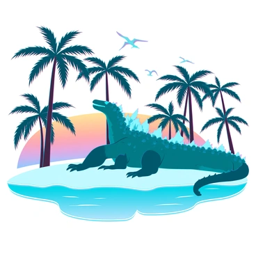 Godzilla, a massive reptilian creature with scaly green skin and glowing dorsal fins, is reclining on a remote Pacific island. The island is lush, covered with tall palm trees swaying gently in the breeze. Godzilla's large body is partially submerged in the soft white sand, while bright blue waves crash softly against the shore nearby. The sun is setting in the background, casting a warm golden glow over the scene, highlighting the vibrant greens of the palm trees and the deep blue of the ocean. A few seagulls can be seen flying overhead, completing the tranquil atmosphere.