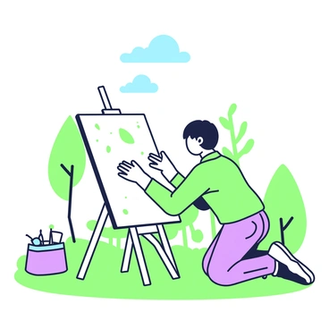 An artist is kneeling on the grass as they set up a small easel in an outdoor location. The easel is positioned securely on the ground, and the artist is adjusting a medium-sized illustration board that is clamped into place. The artist has short hair and is wearing a casual shirt and pants. Beside the easel, there is a small kit containing various drawing tools. In the background, a few trees provide a natural setting, and the sky above is clear with a hint of blue.