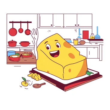 A yellow cheese character with round edges and a big smile is waving cheerfully with one hand raised. The character has cartoonish eyes that sparkle with friendliness. In the background, there is a bright white kitchen filled with colorful cookware, including red pots and blue utensils hanging on the walls. A wooden table is set with various ingredients like fruits and vegetables, adding a lively atmosphere to the scene. The overall setting is warm and inviting, highlighting the cheerful nature of the cheese character.