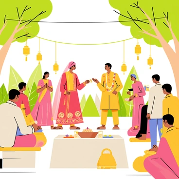 A traditional cultural wedding ceremony takes place in an open outdoor setting surrounded by lush greenery. The scene is filled with participants wearing vibrant clothing; women adorn colorful saris and men wear bright kurtas. A bride in an intricately designed red and gold dress stands with a groom in a matching outfit. Decorations include garlands of flowers and ornate lanterns hanging from nearby trees. Guests are seated on woven mats, eagerly watching the ceremonial rituals unfold. A table is set with traditional foods and drinks, adding to the festive atmosphere.