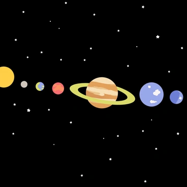 A visualization of the solar system featuring all planets in alignment. The sun is depicted as a large, bright yellow sphere at the center. Each planet is represented by distinct, colorful spheres, arranged in a straight line extending outward from the sun. Mercury is shown as a small gray sphere, Venus as a larger orange sphere, Earth as a blue and green sphere with white clouds, Mars as a reddish sphere, Jupiter as a massive brown and white striped sphere, Saturn as a yellow sphere with prominent rings, Uranus as a light blue sphere, and Neptune as a dark blue sphere. The background is a starry black space, with small white stars scattered throughout.