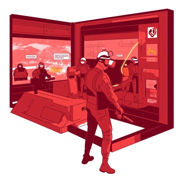 A red training facility features soldiers wearing futuristic virtual reality headsets, deeply focused on their training. They are engaged in simulated combat scenarios, standing in dynamic poses with orange laser weapons in hand. The room is filled with high-tech equipment, including holographic displays and large screens showcasing various virtual environments. Some soldiers are crouched behind obstacles, while others are advancing strategically. The atmosphere is intense, emphasizing the soldiers' concentration and teamwork during their practice.