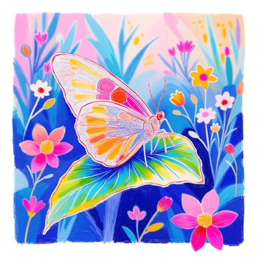 A butterfly is perched delicately on a vibrant green leaf. Its wings are intricately crafted from delicate metallic filigree, showcasing an ornate pattern that glimmers in the light. The filigree is a mix of silver and gold tones, creating a striking contrast against the natural colors of the environment. The butterfly's body is slender and segmented, with fine antennae extending gracefully. Surrounding the butterfly, colorful flowers bloom, adding to the lively scene in a garden filled with lush greenery.