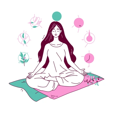 A woman with long flowing hair is sitting cross-legged on a soft mat, her eyes gently closed in meditation. She is wearing a flowing white dress that drapes elegantly around her. Surrounding her are various symbols representing peace, such as olive branches and doves, along with circular icons illustrating the stages of her menstrual cycle. The symbols are arranged in a harmonious circle around her, with some in a soft teal color and others in a calming pink hue. The scene conveys a sense of tranquility, with gentle light illuminating the woman and her serene surroundings.