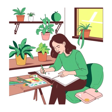 A person with medium-length brown hair is sitting on a soft green cushion in a cozy home corner, surrounded by various plants with lush green leaves placed on shelf brackets and hanging pots. The person is focused on drawing in a sketchbook, using a teal pencil. To one side, there is an array of art supplies including colorful markers, brushes, and paint tubes scattered across a small wooden table. The warm light filtering through a nearby window softly illuminates the scene, highlighting the vibrant greenery and the person’s concentrated expression.