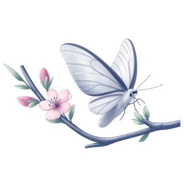 A "luna moth" with large, pale wings is perched on a slender "branch" adorned with "delicate pink blossoms". The moth's wings are slightly spread, showcasing their unique shape and the faint markings on the surface. The branch is textured with bark, while the blossoms appear soft and fragile, highlighting their petals and the lush green leaves surrounding them. The composition captures the intricate details of both the moth and the floral elements in a natural setting.