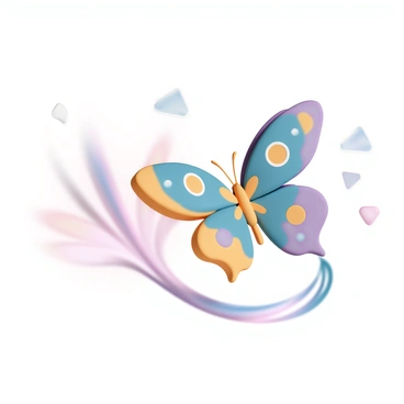 A butterfly with vibrant wings, featuring a mix of blue, orange, and purple patterns, is fluttering gracefully through the air. As it moves, it leaves a shimmering trail of bright colors behind it. The trail consists of swirling hues that blend and shift, creating a stunning visual effect of light and movement. The background consists of abstract shapes suggesting different dimensions, with hints of soft gradients and geometric forms, which enhance the sense of the butterfly traveling through various realms.