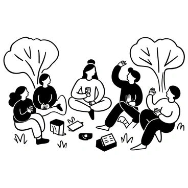 A figure of Krishna seated on a grassy area, with several friends gathered around him. Each friend is engaged in animated conversation, with hand gestures illustrating their excitement. The group is in a relaxed pose, with some leaning against trees and others sitting cross-legged on the ground. Books and scrolls are scattered around, indicating storytelling. The atmosphere is filled with dynamic interaction as the friends share tales, with some laughing and others listening intently. The scene conveys a sense of camaraderie and joy.