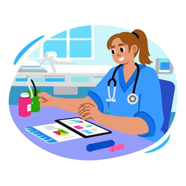 A nurse with light brown hair tied back in a bun is sitting at a desk in a hospital room. She is wearing blue scrubs and has a stethoscope around her neck. The tablet in her hands displays patient records with colorful charts and graphs. The background features a hospital bed with white sheets and a medical cart filled with supplies. A window lets in bright light, illuminating the scene. Various medical instruments are neatly arranged on the desk beside her. The nurse looks focused as she interacts with the tablet, embodying a professional and caring atmosphere.