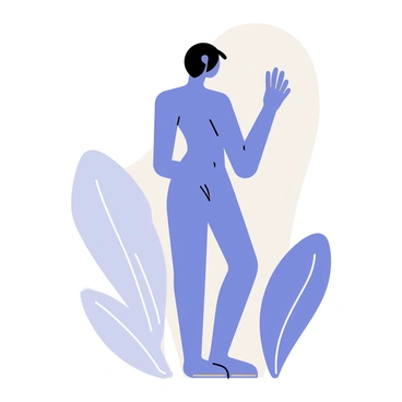 A nude figure with smooth curves and gentle contours, painted in various shades of blue. The figure is positioned gracefully with one arm raised and the other resting on the hip. The background features an abstract and flowing pattern, enhancing the vibrant blue tones of the figure. Soft, rounded shapes in different shades of blue surround the figure, creating a harmonious composition.