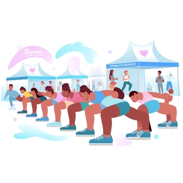 A group of several individuals is performing squats in unison at a fitness festival. They are wearing colorful workout attire, showcasing a variety of styles and designs. Surrounding them are multiple tents, each decorated with bright banners that feature fitness-related logos and motivational phrases. In the background, other festival-goers can be seen engaging in different fitness activities. The atmosphere is lively and energetic, enhanced by the vibrant colors of the tents and banners.