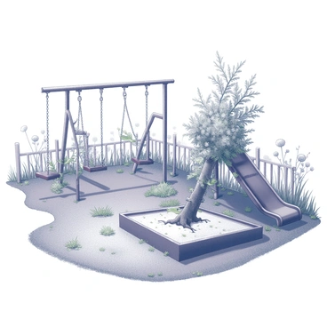 An abandoned schoolyard with dilapidated playground equipment overtaken by dense foliage. The swings are rusted, hanging loosely from corroded chains, while the slide is covered in creeping vines. Weeds grow through cracks in the pavement, and a large tree has sprouted through the center of a sandbox, its roots sprawling outward. The surrounding area is filled with tall grass and wildflowers, adding to the sense of nature reclaiming the space. In the background, remnants of a broken fence can be seen, further emphasizing the desolation of the once vibrant playground.