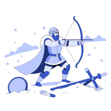 A Viking warrior skillfully aiming a crossbow on a snowy battlefield.