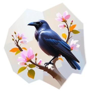 A raven perched on an elegant branch, its glossy black feathers glistening in the light. The bird's sharp, intelligent eyes are focused and observant. Surrounding the raven are intricate floral motifs featuring delicate flowers and swirling vines that elegantly frame the bird's form. The composition highlights the graceful curves of the branches and blooms, creating a harmonious interaction between the raven and its surroundings.