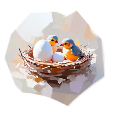 An illustration depicting the journey of a bird from egg to fledgling, arranged within a circular composition. The first section shows a delicate speckled egg lying in a cozy, woven nest made of twigs and soft materials. The next segment portrays the hatching moment, with a small crack appearing on the eggshell and a tiny beak starting to emerge from the egg. Following this, the image captures a scene of a newly hatched chick, covered in downy feathers, being fed by its parents. The final part of the circle illustrates the fledgling, with feathers beginning to fill in, stretching its wings and preparing to leave the nest. Each stage is meticulously detailed, showcasing the growth and development of the bird.