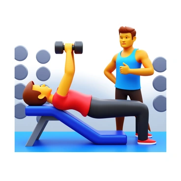 A personal trainer with a focused expression is observing and assisting a client during a dumbbell pullover exercise. The trainer's hands are positioned to guide the client's elbows, ensuring proper form. The client, lying on a workout bench, is gripping a dumbbell with both hands extended above their head. The gym setting features weights and exercise equipment in the background, with bright lighting highlighting the determination on the client's face. Both the trainer and client are wearing athletic outfits suitable for a workout session.