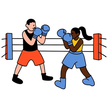 A boxing trainer with light skin and short dark hair is demonstrating boxing techniques. He is wearing a black tank top and red shorts. He stands confidently in the center of a boxing ring, showcasing a stance with his fists raised. The client, who has medium skin and long black hair tied back, is wearing bright blue boxing gloves and matching blue shorts. The client is focusing on the trainer while mimicking the movements. The boxing ring has white ropes and a red corner, creating an authentic training atmosphere.