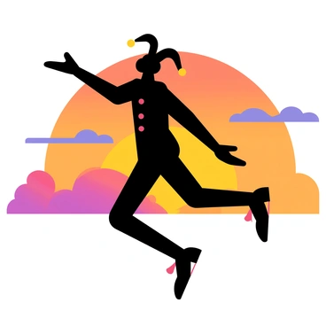 A jester silhouette is depicted in mid-jump, with arms and legs outstretched in an energetic pose. The background features a vibrant sunset with hues of orange, pink, and purple blending together. The jester's outfit includes pointed shoes and bells, which are clearly defined in contrast to the colorful sky. The sun is partially set, casting a warm glow that outlines the jester's figure, creating a striking contrast against the bright backdrop.