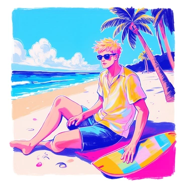 A tall athlete with short blonde hair is relaxing on a beach. He is wearing dark sunglasses and a casual beach shirt. Next to him, there is a colorful surfboard resting in the sand. The beach is lined with gentle waves lapping at the shore. In the background, palm trees sway gently in the breeze, and a clear blue sky stretches above.