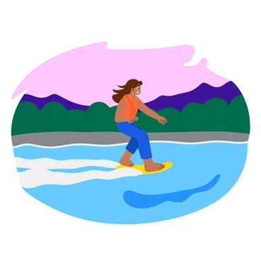 A barefoot water skier with a bright orange life jacket is gliding effortlessly across a calm lake at dawn. The skier's hair is flowing behind them, catching the soft morning light. The water is smooth, with gentle ripples trailing behind the skier. Surrounding the lake are green trees silhouetted against the pink and purple hues of the early sky. Mist lingers just above the water’s surface, adding a dreamy quality to the scene.