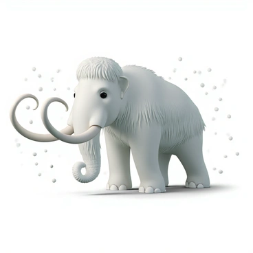 A large mammoth with thick, shaggy fur is standing firmly in a snowstorm. Snowflakes are swirling around, creating a white blur in the background. The mammoth's long tusks curve gracefully upward, and its eyes are focused forward, displaying determination. The snow is piling up on its back, and its large feet are leaving deep prints in the fresh snow cover. The wind is ruffling the fur, accentuating the mammoth's powerful build as it perseveres through the storm.