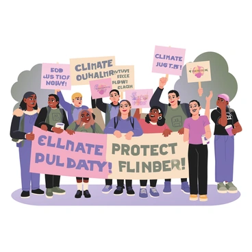 A digital flat illustration depicting a rally for climate action policies. The scene features a diverse group of participants, including individuals of various ethnicities and ages, holding colorful banners that read "Climate Justice Now!" and "Protect Our Planet!" in bold letters. Some participants are wearing t-shirts with environmental slogans and holding handmade signs. The atmosphere is vibrant, filled with expressions of enthusiasm and commitment. In the background, there are trees and a bright blue sky, contributing to the lively setting. A few individuals are engaged in animated discussions while others cheer and raise their fists in solidarity.