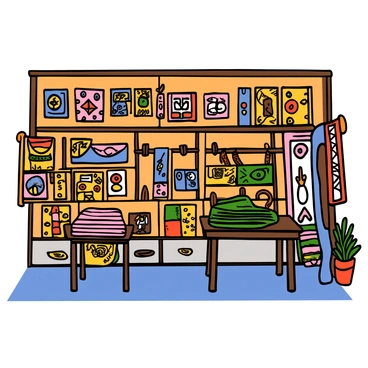 A craft shop filled with various intricate Hispanic textile patterns. The shop is lined with shelves displaying colorful woven fabrics in vibrant hues of red, yellow, blue, and green. Each textile features detailed designs including geometric shapes, floral motifs, and traditional symbols. Some fabrics are draped elegantly over wooden racks, while others are neatly folded on tables. The warm ambiance of the shop is enhanced by soft lighting that highlights the textures and patterns of the textiles.