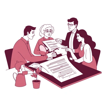 A group of four people is gathered around a wooden table, intently examining a large white insurance policy document. One person, a middle-aged man, is holding a black magnifying glass, closely inspecting the fine print of the document. Next to him, a woman in her thirties is pointing at a specific section of the document, looking thoughtful. There is an elderly woman sitting across from them, wearing glasses, and she is taking notes on a small white notepad. A young boy is sitting at the end of the table, curiously watching the adults with wide eyes. The room is well-lit, and a small potted plant is sitting on the table beside the document.