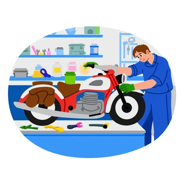 A classic motorcycle is prominently displayed on a workbench in a well-lit workshop. The motorcycle has a shiny chrome body and vintage design features, including a leather seat and round headlights. Next to the motorcycle, there are various tools scattered across the workbench, including wrenches, screwdrivers, and an oil can. A mechanic is bent over the motorcycle, carefully polishing the chrome with a cloth. Behind them, shelves are filled with spare parts and motorcycle memorabilia, adding to the workshop's character. The atmosphere is busy and focused, capturing the dedication of the restoration process.