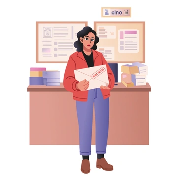 A digital flat illustration depicting a disappointed traveler standing at a post office counter. The traveler is a young woman with medium skin and shoulder-length curly black hair. She is wearing a red jacket and blue jeans, holding a white envelope with a large "Visa Denied" stamp visible on the front. Her facial expression shows disappointment and concern. Behind her, various postal items can be seen, including parcels and a stack of letters. The post office interior features a wooden counter, a "Post Office" sign on the wall, and a bulletin board with various notices. The scene conveys a sense of frustration and anticipation.