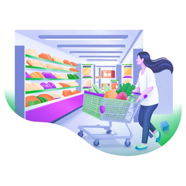 A shopper with medium-length dark hair is pushing a full shopping cart down a brightly lit supermarket aisle. The cart is loaded with various colorful grocery items, including fruits, vegetables, and packaged goods. The aisle is lined with shelves stocked with products in neat rows, showcasing vibrant labels and packaging. The shopper is leaning slightly forward, demonstrating applied forward force as they move the cart along. The floor is polished and reflects the light, while overhead fluorescent lights illuminate the scene.