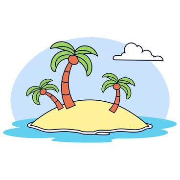 A tropical island with a sandy beach that has a gentle curve. There are several tall palm trees with green fronds swaying slightly in the breeze. The clear turquoise waters lap against the shore, creating small waves. In the background, the sky is bright and blue with a few fluffy white clouds scattered across it.