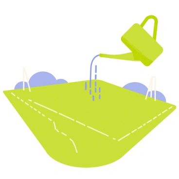 A watering can watering a soccer field, ensuring lush green grass