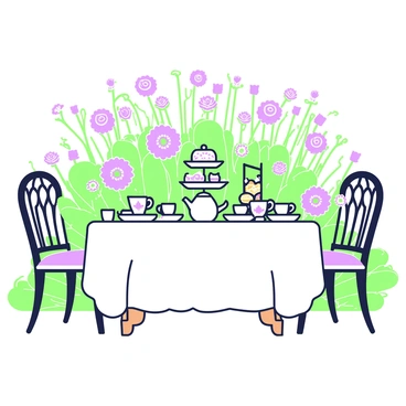 An elegant tea party is arranged on a white tablecloth spread over a wooden garden table. The table is set with delicate porcelain teacups adorned with intricate designs. In the center, there is a silver teapot, alongside a tiered serving stand filled with assorted pastries and finger sandwiches. Surrounding the table, a lush garden is filled with blooming flowers in various shapes and sizes. The vibrant flowers, including roses and daisies, create a colorful backdrop. Soft green leaves complement the blossoms, while a gentle breeze slightly rustles the petals. A pair of vintage chairs, with their intricate carvings, flank the table, inviting guests to sit and enjoy the tea party.