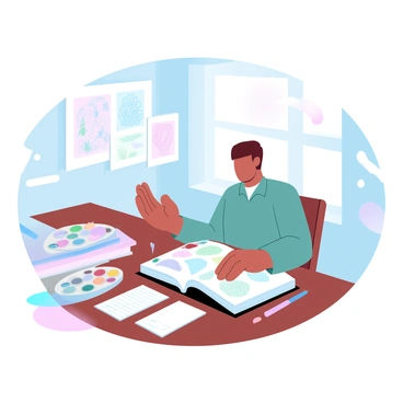 An art historian is seated at a wooden table, engrossed in a thick book filled with various illustrations. The book is open to a page showcasing vibrant, intricate designs. Surrounding the historian are several more books stacked neatly, each displaying contrasting illustration styles. A colorful palette with brushes is placed beside the historian, alongside a sketchpad filled with notes. Sunlight filters through a nearby window, casting soft patterns on the table.