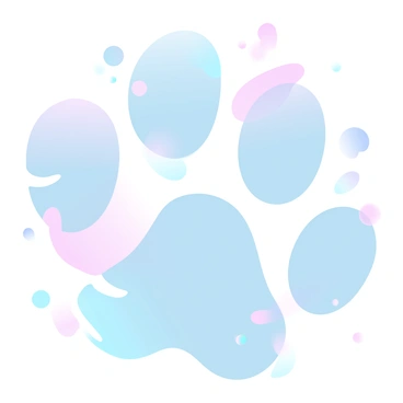 A canvas filled with vibrant paint splatters in various colors, creating the outline of several dog paws. Each paw shape is distinct and has a blend of gradient pastel colors intermingling throughout the splatters. The background is a soft, smooth blend of light hues, allowing the colorful paw prints to stand out prominently. The overall composition is dynamic and playful, showcasing the different sizes and angles of the paw prints scattered across the canvas.