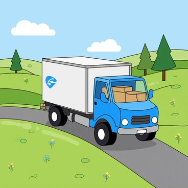 A large moving truck with a bright blue and white exterior is driving along a narrow road. The truck has a logo on the side, indicating it's a delivery service, and the back is slightly open, revealing cardboard boxes stacked inside. Surrounding the truck are rolling hills covered in vibrant green grass, dotted with wildflowers in various colors. In the background, there are a few tall trees and a clear blue sky with fluffy white clouds drifting by. The sun casts soft shadows on the ground, enhancing the lively scene.