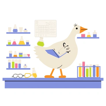 A goose wearing a small white lab coat stands on a lab counter. The goose is holding a beaker filled with a green liquid in one wing and using its other wing to write observations in a notebook. Surrounding the goose are several colorful test tubes arranged in a rack, each containing different colored liquids. The lab has shelves filled with scientific equipment and a periodic table hanging on the wall in the background. A few safety goggles are resting on the counter next to the goose.
