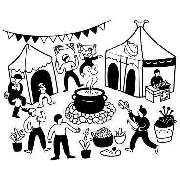 A bustling medieval street festival is taking place, with various tents and stalls lining the cobblestone streets. In the center, there is a large cauldron filled with steaming soup, resting over a crackling fire. People dressed in period-appropriate clothing are gathered around, some holding wooden bowls and spoons, eagerly waiting to be served. Colorful banners and garlands hang overhead, fluttering in the breeze. Nearby, a musician plays a lute while children run around, playing games and laughing. Various food items, such as baked bread and roasted meats, are displayed on tables. Potted herbs and flowers add a lively touch to the scene.