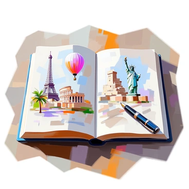 A travel journal open on a rustic wooden table, showcasing a variety of famous landmarks and travel icons sketched in the margins. On one side, there is the "Eiffel Tower," elegantly drawn with intricate details. Nearby, a representation of the "Great Wall of China" winds across the page. A sketch of the "Statue of Liberty" stands proudly, complemented by a simple outline of a "hot air balloon" floating above. Other icons include a small depiction of the "Colosseum" and a palm tree symbolizing tropical destinations. The journal pages are slightly worn, adding character, and a fountain pen lies beside the journal, suggesting recent use.