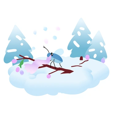 A quaint winter scene features a small mosquito wearing a tiny scarf. The mosquito is perched on a snow-covered branch, surrounded by gently falling snowflakes. The ground is blanketed in thick, fluffy snow, and there are soft, rounded snowdrifts in the background. Tall pine trees are dusted with snow, creating a serene atmosphere. A few colorful winter berries peek through the snow, adding a pop of color to the scene.