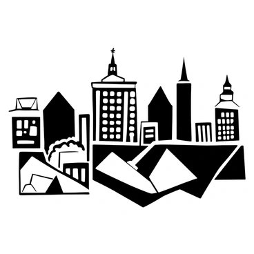 A city skyline featuring a variety of buildings with sharp geometric shapes. The structures vary in height and design, with some having flat roofs and others displaying pointed tops. Different patterns and textures are present on the building façades, creating a dynamic composition. In the foreground, a series of overlapping shapes create a layered effect, with some resembling triangles and rectangles. There is a sense of depth as the city appears to stretch into the background with additional buildings receding into the distance. The composition captures the essence of an urban environment with a complex arrangement of forms.