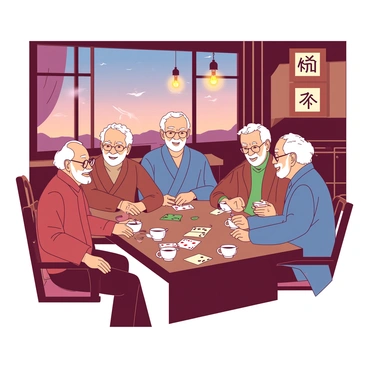 A group of elderly men sits around a wooden table in a cozy tea shop during the evening. The table is cluttered with playing cards, with some cards face up and others face down. Each man has a warm cup of tea in front of him, steam rising gently from the cups. The men are engaged in conversation, some smiling, while others appear focused on the game. The warm glow of hanging light fixtures creates a welcoming atmosphere inside the tea shop. Outside the window, the dusk sky is visible, casting a subtle light into the scene.