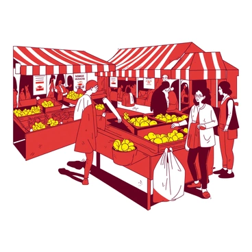 A red farmers' market is set up in the city center, bustling with activity. Colorful stalls are lined up, each adorned with striped canopies. One stall displays an array of bright yellow organic fruits, including apples and bananas. Another stall showcases an assortment of leafy greens, such as kale and lettuce, arranged in neat bundles. People of diverse backgrounds are interacting and browsing, with some holding reusable bags filled with their purchases. In the foreground, there is a vendor smiling as they hand a bunch of orange carrots to a customer. The atmosphere is lively, filled with the sounds of chatter and laughter.
